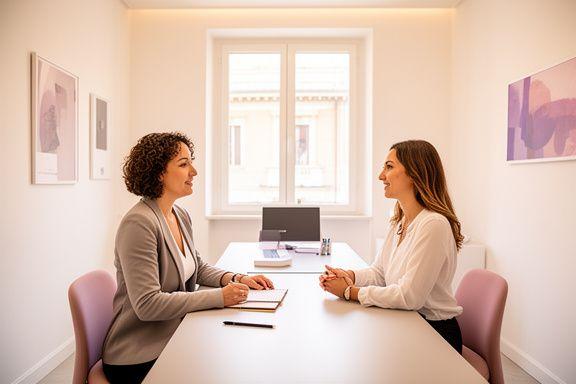 Modern coaching office in Viale Guido Baccelli, Rome, with a professional coach and a client in a session