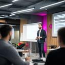 Bianconero Grondacci, a startup founder, delivering a pitch in a modern Rome co-working space